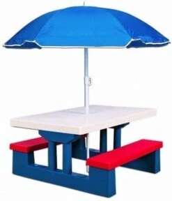 Merkloos Kinder Picknicktafel Met Parasol - Blauw -Campingwinkel 1030x1200 1