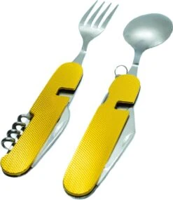 Camping Bestek Zakmes | Roestvrijstaal Survival Bestek | Mes, Vork, Lepel, Krukentrekker, Bieropener, Spork | Opvouwbaar Kampeer Bestek Multitool | Cadeau Voor Man & Vrouw
