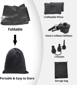 Opblaasbaar Matras Voor In De Auto, Opblaasbaar Bed, Opvouwbaar, Comfortabele Autostoel, Automatras Met Elektrische Luchtpomp En 3 Adapters, 2 Kussens En Draagtas, Voor Camping, Reizen (zwart) -Campingwinkel 1093x1200