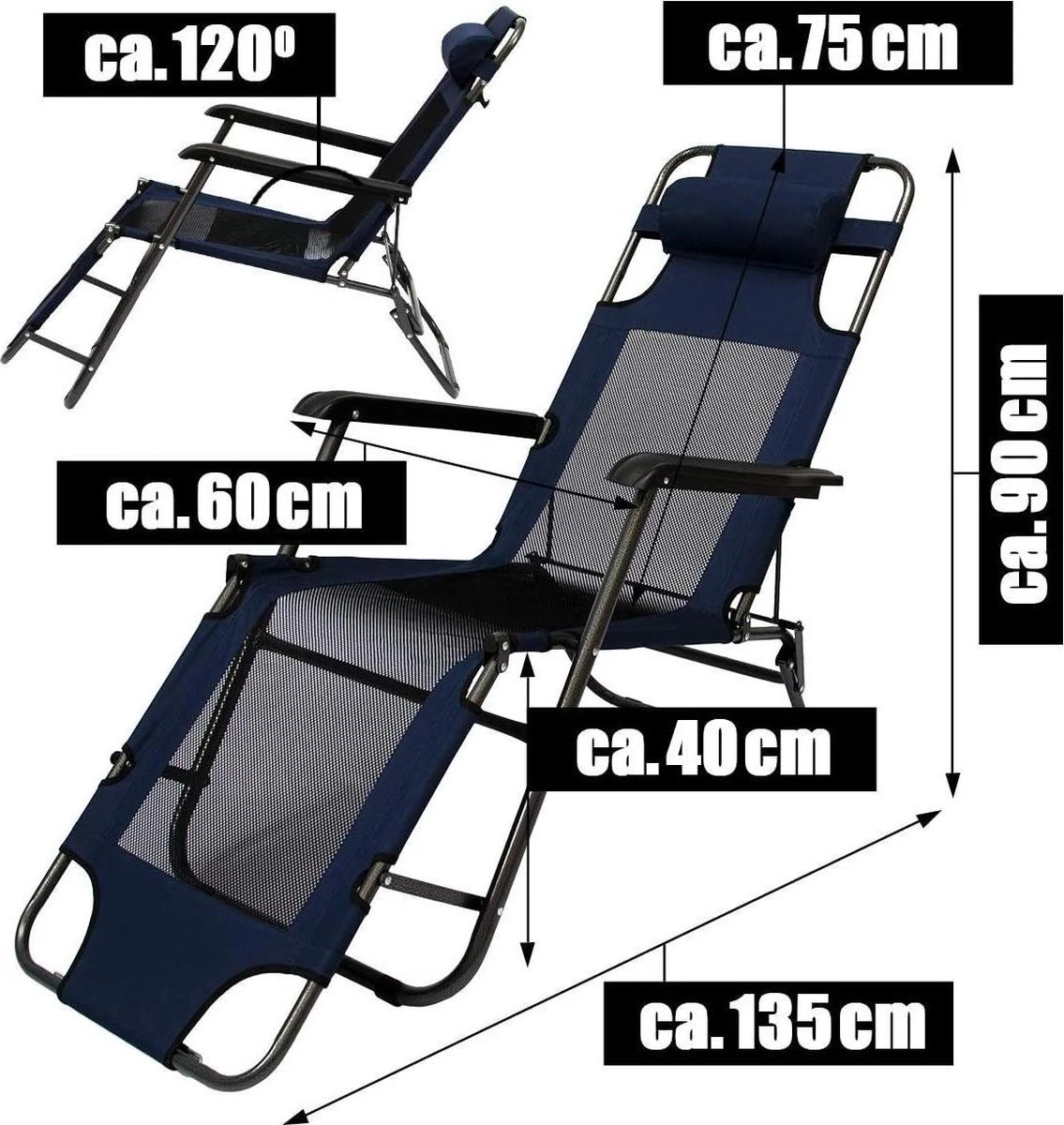 Ligstoel 180x60cm - Opvouwbaar Campingstoel Ligbed Strandstoel Tuinstoel Vouwligstoel Blauw 7 Ligstoel 180x60cm - Opvouwbaar Campingstoel Ligbed Strandstoel Tuinstoel Vouwligstoel Blauw - Afbeelding 7