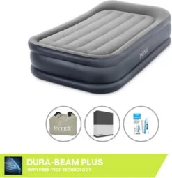 Intex Luchtbed - 1-Persoons - 99 X 191 X 42 Cm - Grijs - Met Pomp, Hoeslaken Zwart En Reparatieset