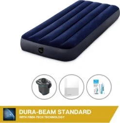 Intex Luchtbedset Intex Luchtbed - 1-Persoons - 76 X 191 X 25 Cm - Blauw + Intex Elektrische Pomp - 650 Liter/min + Hoeslaken Wit + Reparatieset