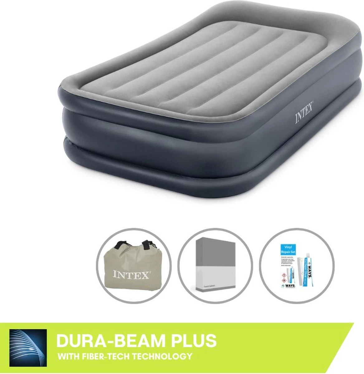 Intex Luchtbed - 1-Persoons - 99 X 191 X 42 Cm - Grijs - Met Pomp, Hoeslaken Antraciet En Reparatieset 1 Intex Luchtbed - 1-Persoons - 99 X 191 X 42 Cm - Grijs - Met Pomp, Hoeslaken Antraciet En Reparatieset