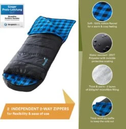 Skandika Dundee Flannel-L Slaapzak – Mummmieslaapzakken – Slaapzakken Volwassen - Maat M – Unisex - Katoen, Luxe Kwaliteit, Dubbele Slaapzak, 3 Seizoenen, Tot -20°C - 220 X 80 Cm - Outdoor Kampeerslaapzak – Ritssluiting Links - Zwart/blauw -Campingwinkel 1168x1200 2