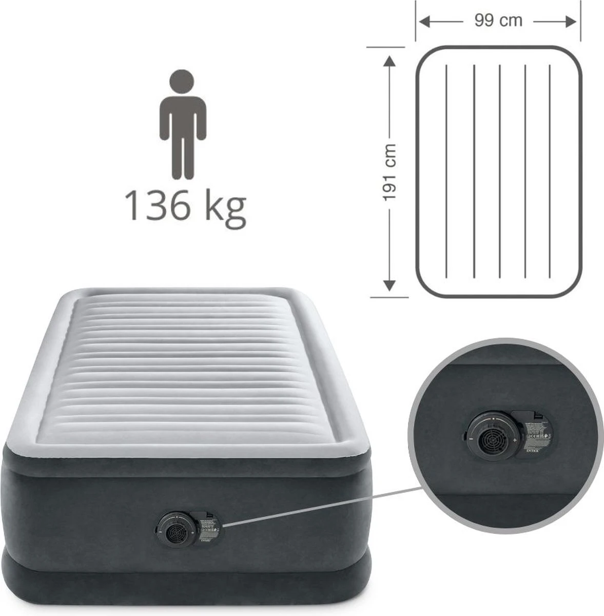 Intex Luchtbed - 1-Persoons - 99 X 191 X 46 Cm - Grijs - Met Ingebouwde Pomp, Hoeslaken Antraciet En Reparatieset 9 Intex Luchtbed - 1-Persoons - 99 X 191 X 46 Cm - Grijs - Met Ingebouwde Pomp, Hoeslaken Antraciet En Reparatieset - Afbeelding 9
