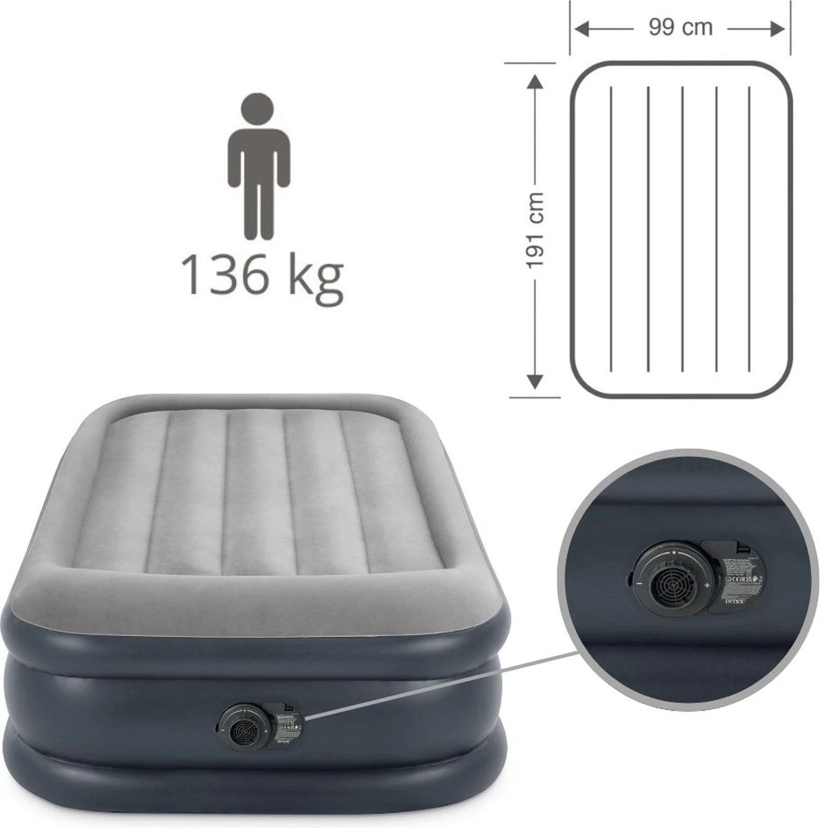Intex Luchtbed - 1-Persoons - 99 X 191 X 42 Cm - Grijs - Met Pomp, Hoeslaken Zwart En Reparatieset 6 Intex Luchtbed - 1-Persoons - 99 X 191 X 42 Cm - Grijs - Met Pomp, Hoeslaken Zwart En Reparatieset - Afbeelding 6