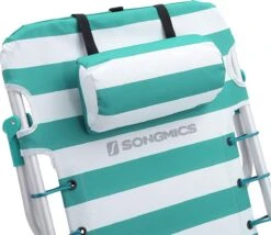 Strandstoel Met Afneembare Hoofdsteun, Draagbare Klapstoel, Campingstoel, Rugleuning Tot 180° Verstelbaar, Met Bekerhouder En Zijvak, Groene En Witte Strepen GCB62JW -Campingwinkel 1200x1038 1