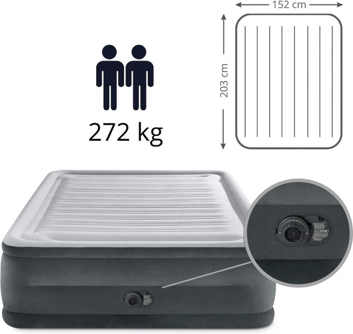 Intex Luchtbed - 2-Persoons - 152 X 203 X 33 Cm - Grijs - Met Ingebouwde Pomp, Hoeslaken Antraciet En Reparatieset 4 Intex Luchtbed - 2-Persoons - 152 X 203 X 33 Cm - Grijs - Met Ingebouwde Pomp, Hoeslaken Antraciet En Reparatieset - Afbeelding 4