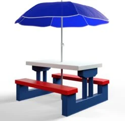 Merkloos Kinder Picknicktafel Met Parasol - Blauw -Campingwinkel 1200x1167 1