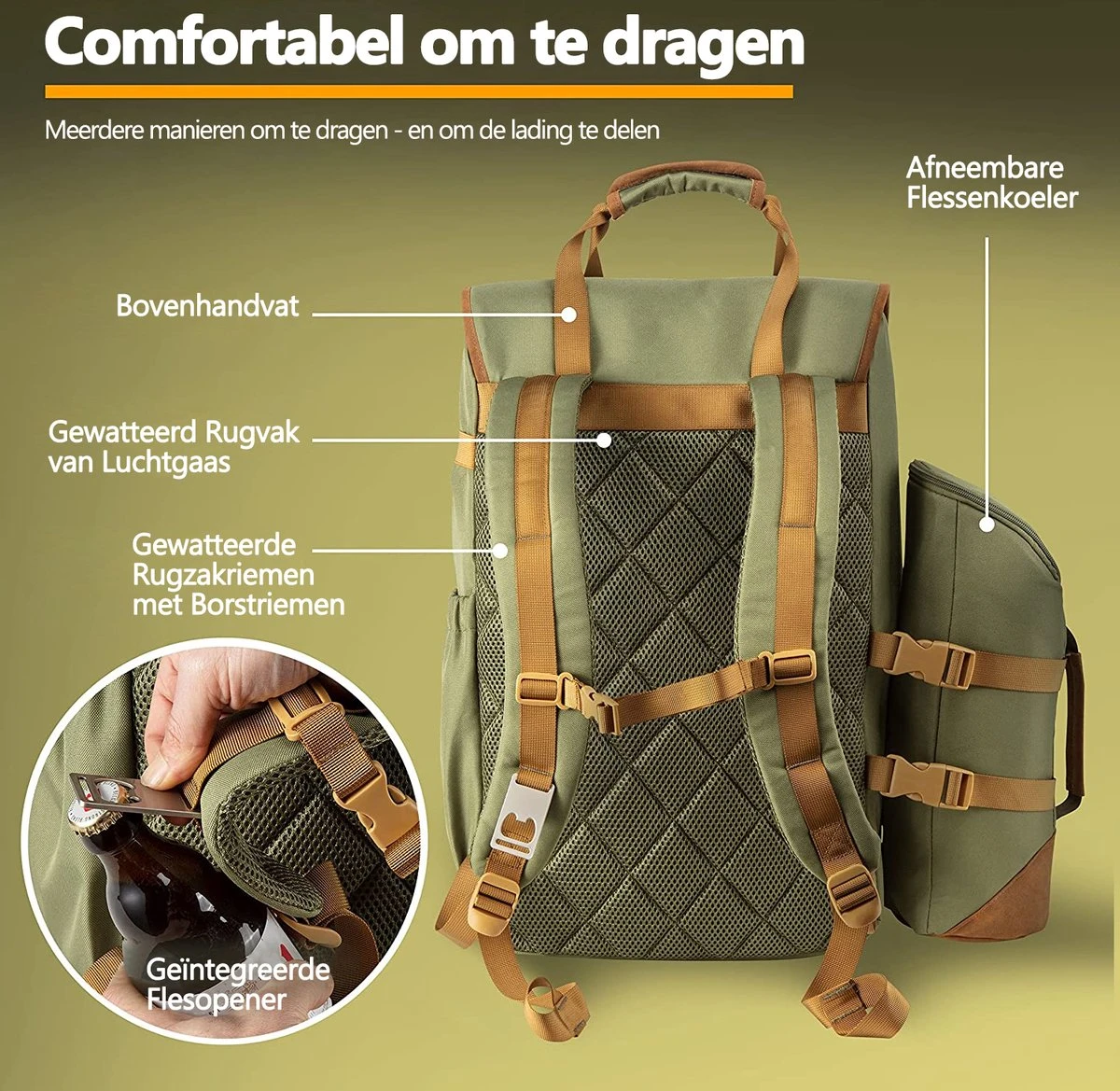 Cabinmax Koeltas - Koelrugzak - Picknick - Picknicktas Met Flessenhouder - Koelrugtas 24L - Olive Green 3 Cabinmax Koeltas - Koelrugzak - Picknick - Picknicktas Met Flessenhouder - Koelrugtas 24L - Olive Green - Afbeelding 3