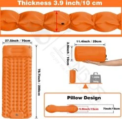 LVNRIDS Isomat, Zelfopblazend, Ultralicht, Luchtmatras, Camping, Zelfopblaasbaar, Opblaasbaar Matras, 3,9 Inch Dik, Met Voetperspomp En Kussen, Voor Camping, Reizen, Outdoor, Wandelen, Strand, Oranje -Campingwinkel 1200x1171 5