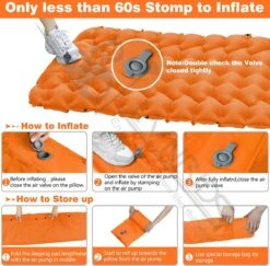 LVNRIDS Isomat, Zelfopblazend, Ultralicht, Luchtmatras, Camping, Zelfopblaasbaar, Opblaasbaar Matras, 3,9 Inch Dik, Met Voetperspomp En Kussen, Voor Camping, Reizen, Outdoor, Wandelen, Strand, Oranje -Campingwinkel 1200x1182