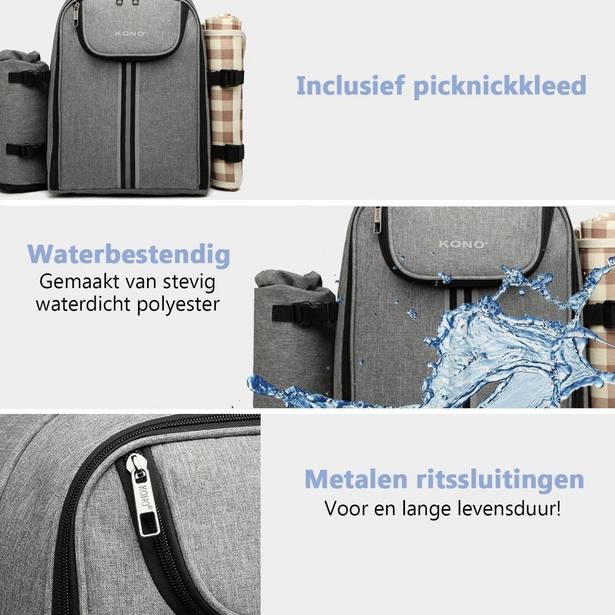 Kono Koeltas - Koelrugzak - Picknick - Picknicktas Met Flessenhouder - Koelrugtas Met Picknickkleed - Grijs (E6915 GY) 9 Kono Koeltas - Koelrugzak - Picknick - Picknicktas Met Flessenhouder - Koelrugtas Met Picknickkleed - Grijs (E6915 GY) - Afbeelding 9