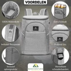Needventure Koeltas - Lunchtas - Koelrugtas - Picknicktas - 20 Liter - Flessenhouder - Bieropener - Grijs -Campingwinkel 1200x1200 1309
