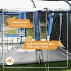 Skandika Montana 8 Tent – Tunneltenten – 8 Persoons Tent – Campingtent – 200 Cm Stahoogte – 2-4 Slaapcabines - Muggengaas – Familietent – 4 Ingangen – 700 X 310 X 200 Cm (L X B X H) - 5000 Mm Waterkolom – Outdoor, Camping – Kamperen – Blauw -Campingwinkel 1200x1200 853