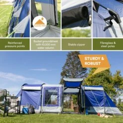 Skandika Montana 8 Tent – Tunneltenten – 8 Persoons Tent – Campingtent – 200 Cm Stahoogte – 2-4 Slaapcabines - Muggengaas – Familietent – 4 Ingangen – 700 X 310 X 200 Cm (L X B X H) - 5000 Mm Waterkolom – Outdoor, Camping – Kamperen – Blauw -Campingwinkel 1200x1200 856
