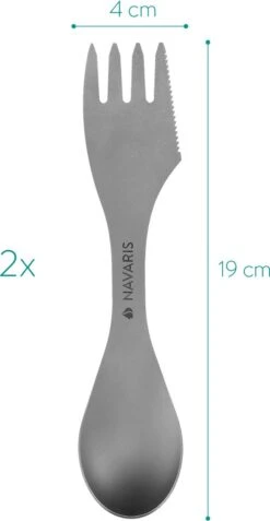 Navaris 2x Spork Titanium Campingbestek - Vork, Mes En Lepel In één - Bestek Voor Onderweg En Op Reis - Lichtgewicht - Inclusief Bewaarzakje -Campingwinkel 621x1200 5